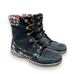 Sperry Hikerfish Black Leather Leopard Lace Up Boots Womens Size 7M 9531393